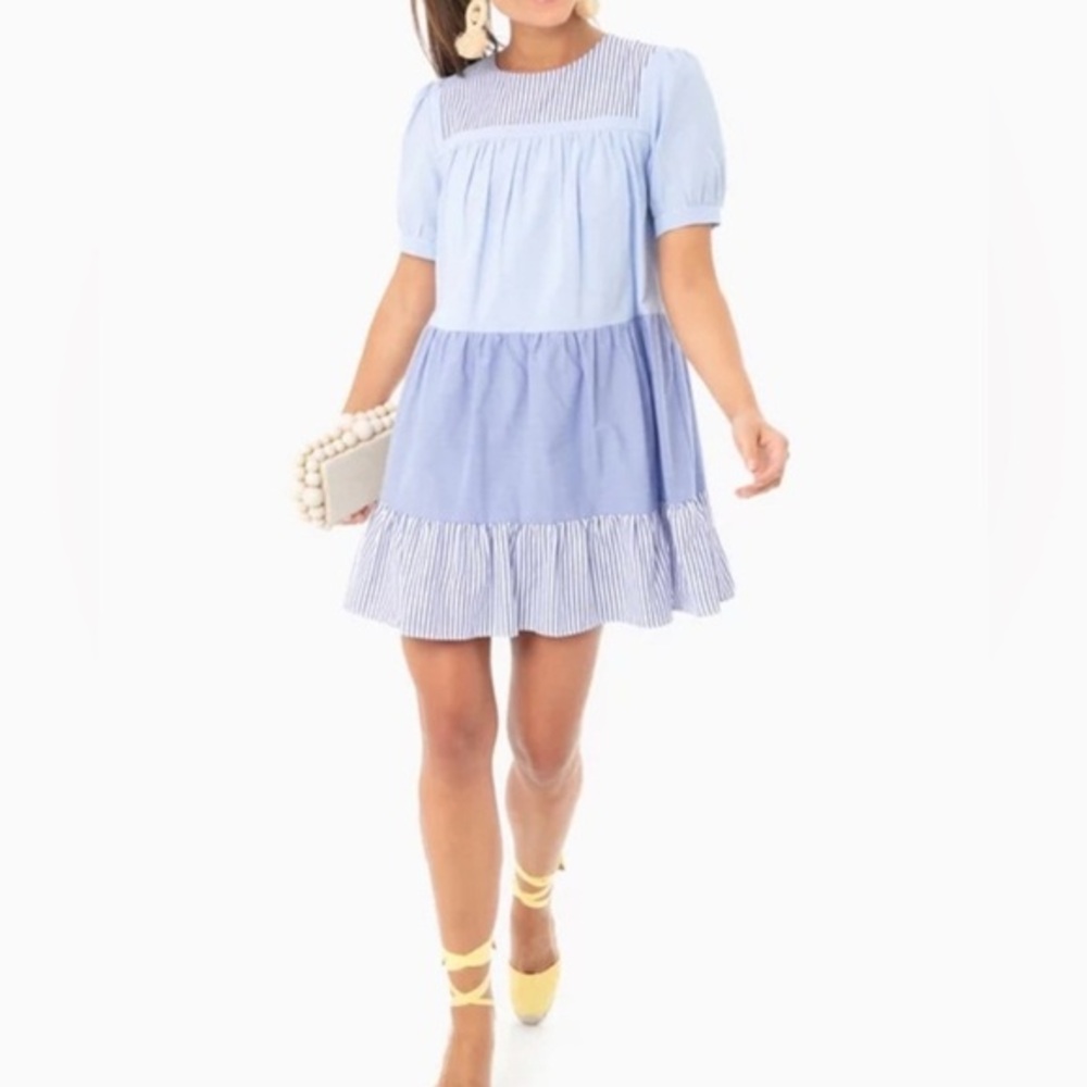 Tuckernuck Light Blue Tiered Mini Dress with Stripe Trim